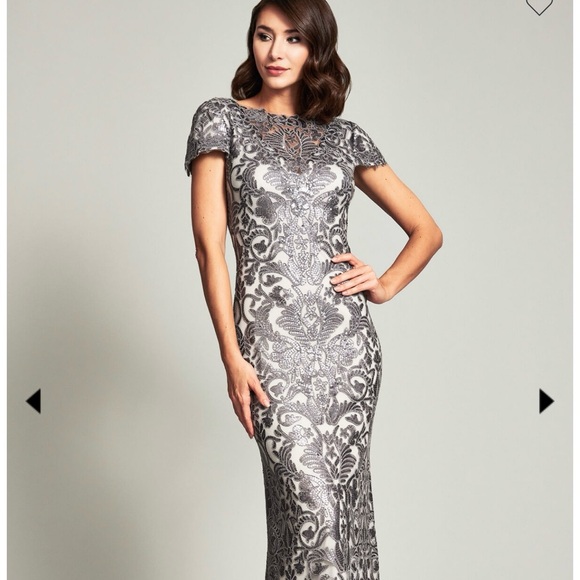 Tadashi Shoji Silver Lace Wedding Dress - Picture 2 of 8